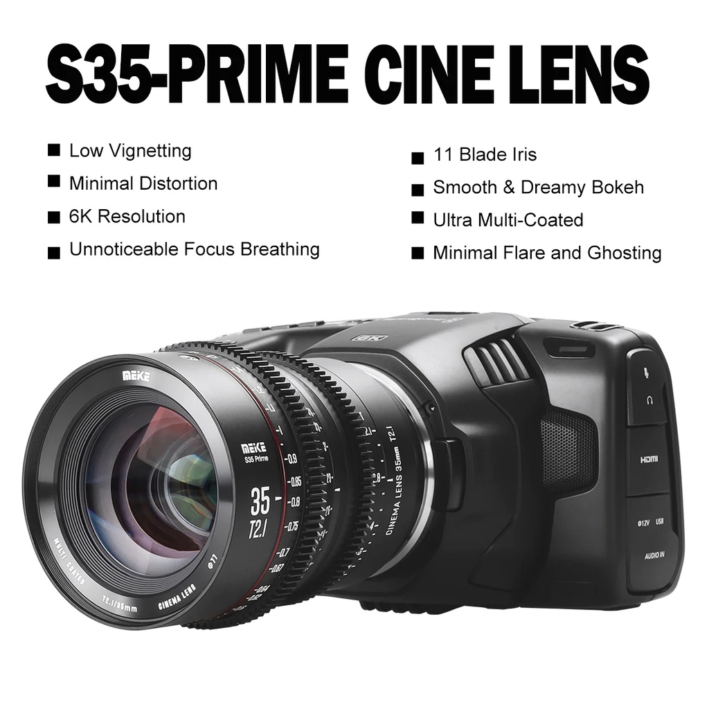 Meike Prime 35 mm T2.1 EF para sistemas de cámara de cine Super 35 Frame, como RED Komodo, BMPCC6K, BMPCC6K Pro, Z CAM S6 y Canon C70, etc.