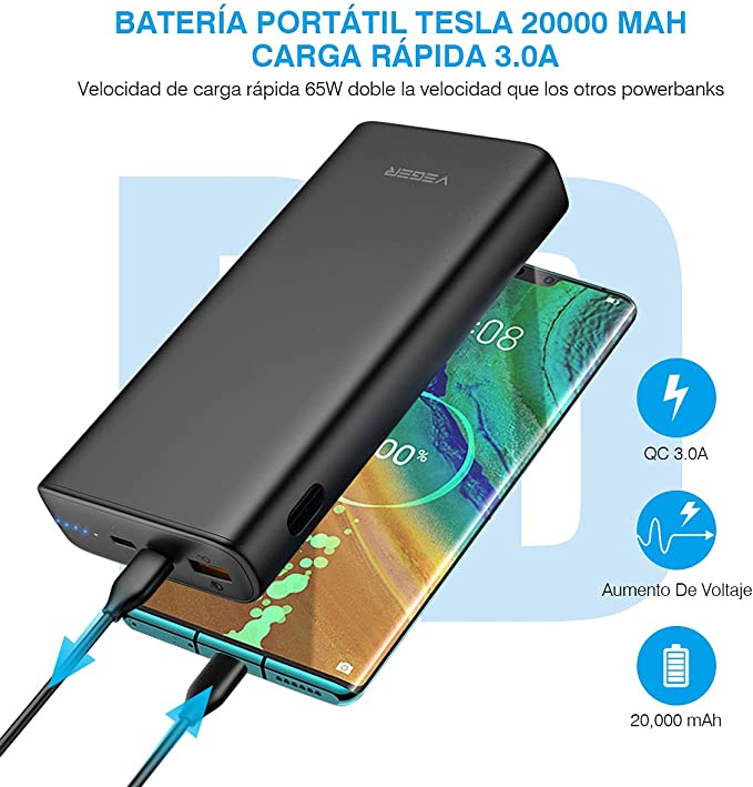 VEGER Powerbank 20000 mAh Batería Portátil 3.0A Carga Rápida, 65W PD Cargador Portátil PD Tipo-C Carga Bidireccional De Entrada Salida, Batería Externa Con Indicador, Compatible Para Laptop Android iPhone Quick Charge QC 3.0, Con Cable C - C