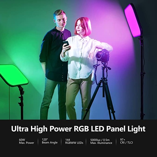 NEEWER Panel Luz Video LED RGB de 18,3" con Kit de Soporte de Control de Aplicación, 360° a Todo Color, 60W Regulable 2500K ~ 8500K RGB168 Panel LED CRI 97+ con 17 Efectos